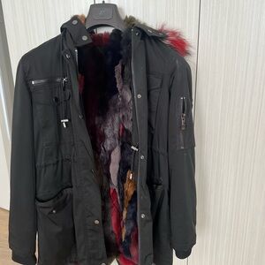 No name Black Parka Jacket with Multicolored Faux Fur insert